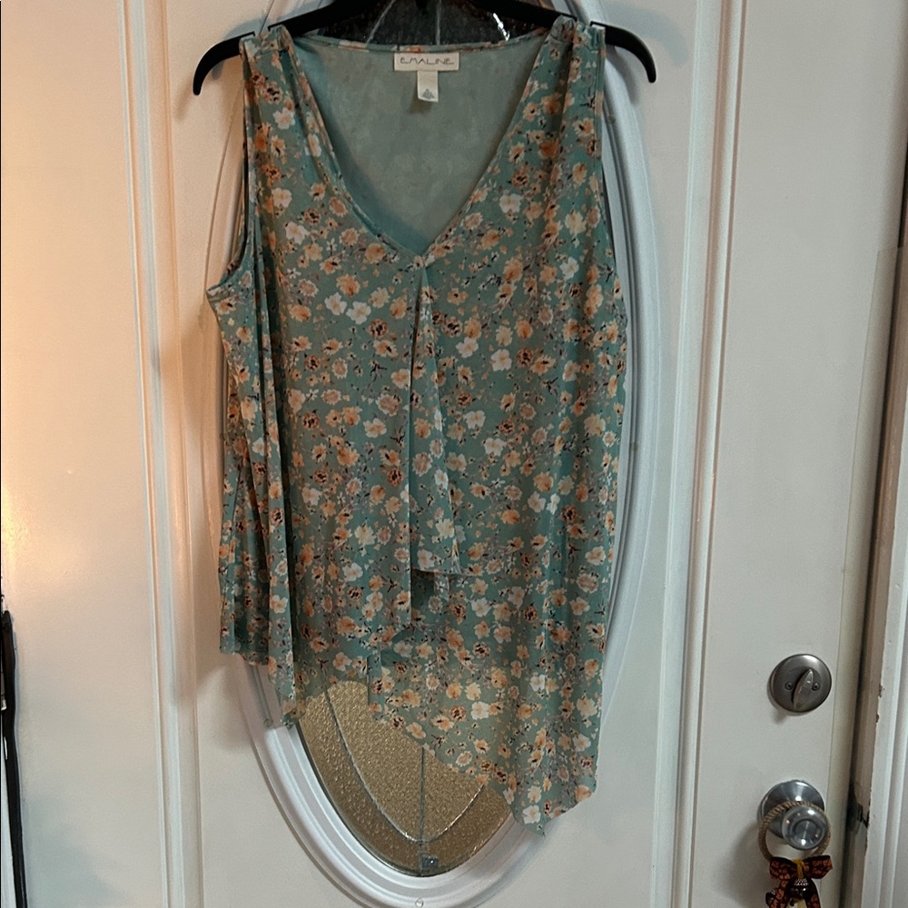 Floral V-Neck Sleeveless Blouse - Teal and Peach